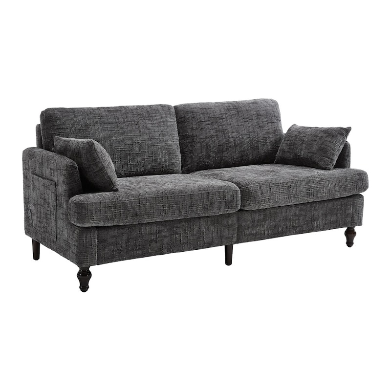 Modern Chenille 2-Seater Wood-Legged Sofa with LED light, USB Charging Port and Storage Bag