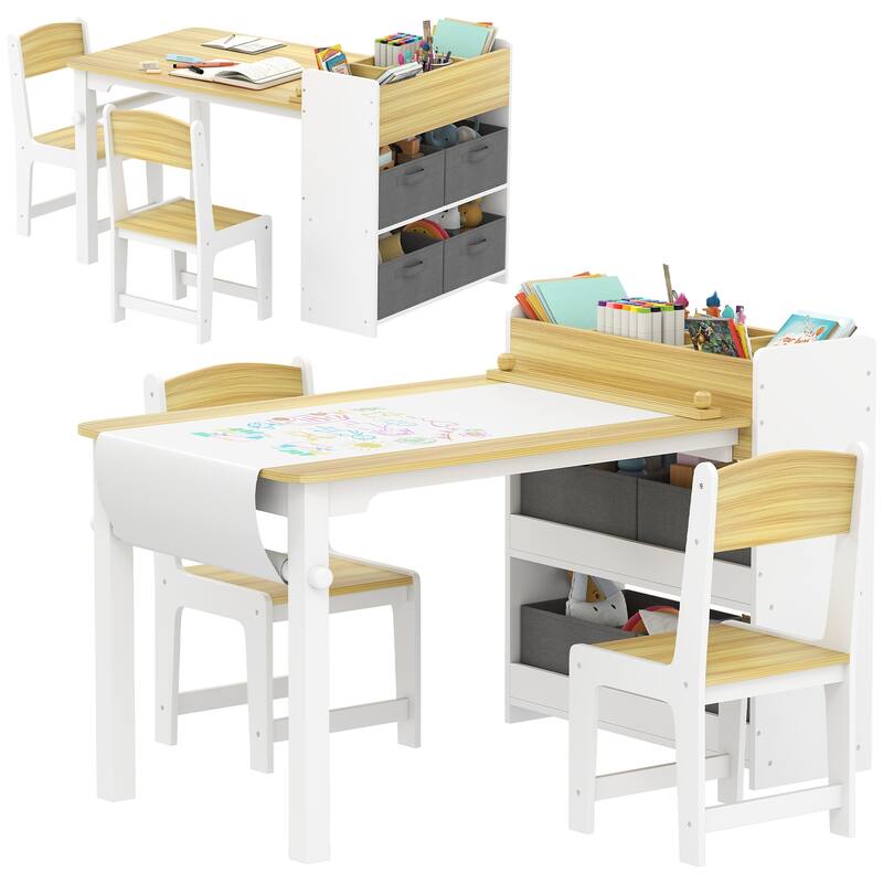 Qaba Kids Desk and Chair Set with Paper Roll, Kids Art Table and Chairs Set with Storage Shelves, Activity Craft Table - Natural Wood