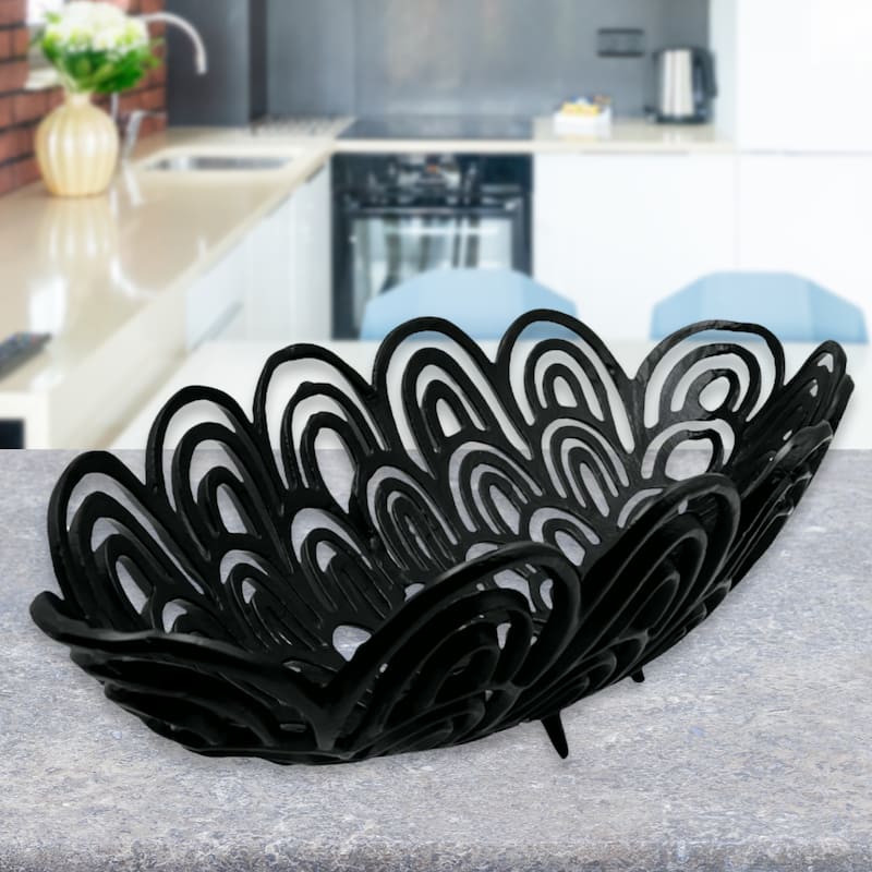 Decorative Handmade Aluminum Peacock Feather Bowl in Black