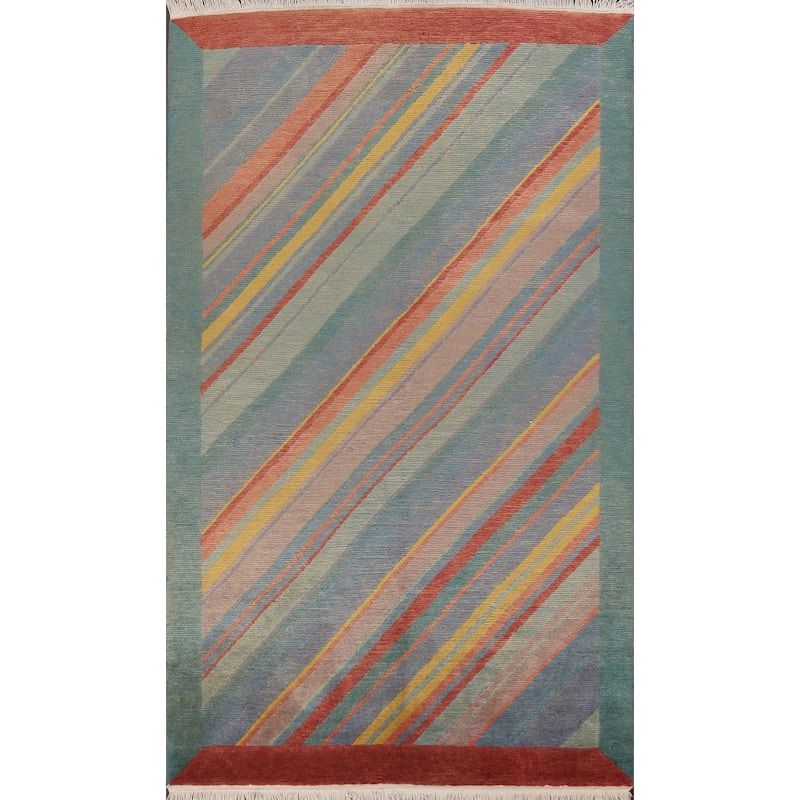 Striped Vegetable Dye Nepalese Wool Area Rug Hand-knotted Foyer Carpet - 5'0" x 8'5"