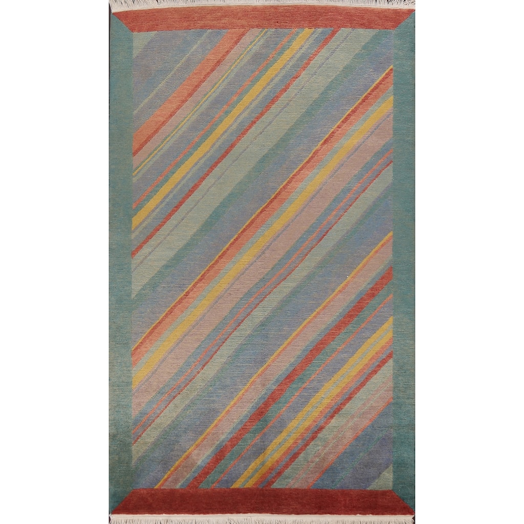 Striped Vegetable Dye Nepalese Wool Area Rug Hand-knotted Foyer Carpet - 5'0" x 8'5"