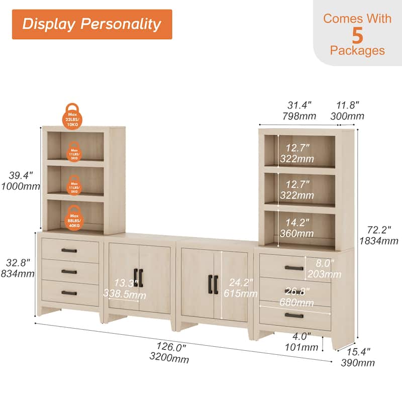 WAMPAT Entertainment Center with Bookshelves, Farmhouse TV Stand, Media Console with Adjustable Shelves for Living Room, Bedroom