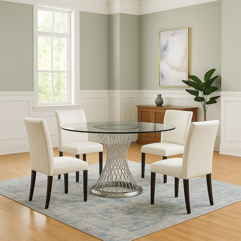 Round Glass Top Dining Table with Metal Mesh Base, Silver