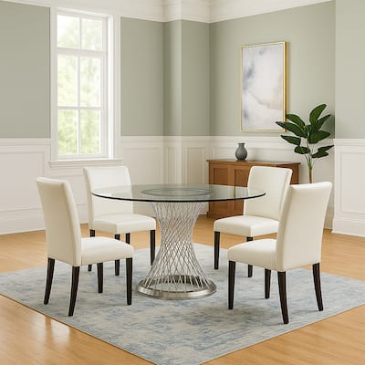 Round Glass Top Dining Table with Metal Mesh Base, Silver