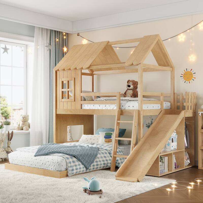 Twin over Full House Bunk Bed with Ladders and Slides, House Floor Bunk Bed with Storage Shelves and Wardrobe - Natural