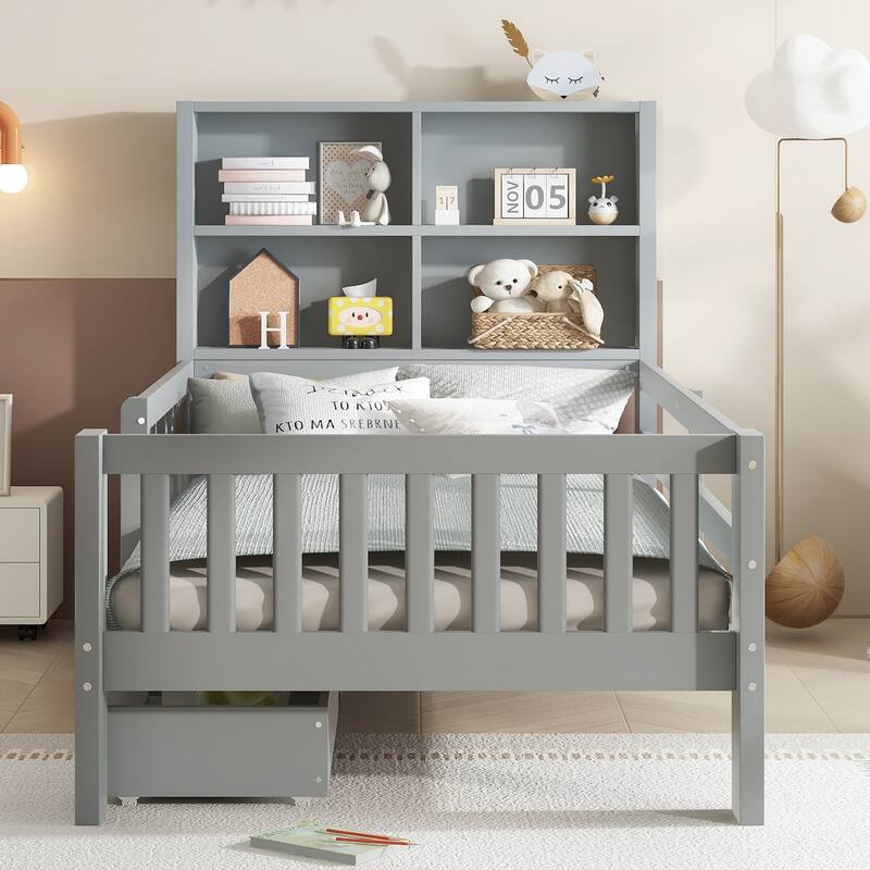 Childlike Fun Solid Wood Low-profile Platform Bed Storage Bed Frame with Side Chalkboard, Open Shelves, Drawers and Guardrails