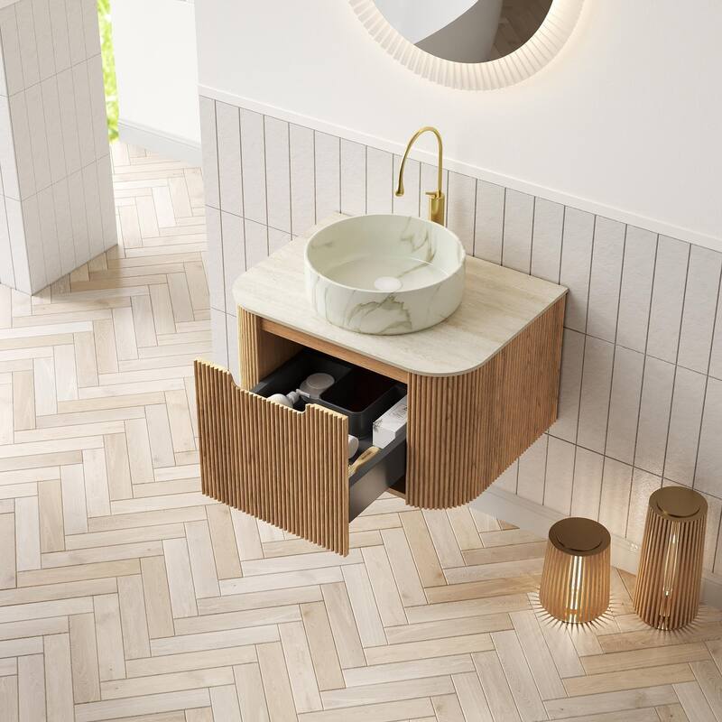 Floating Bathroom with Round Ceramic Basin and Storage Drawer