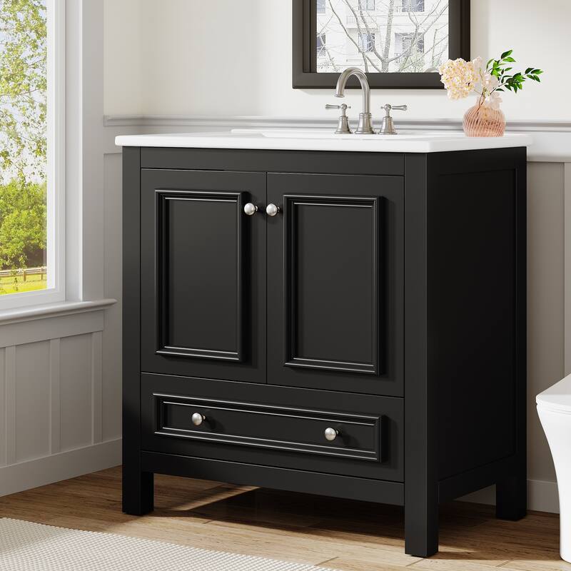 30 Inches Modern Bathroom Vanity Cabinet with Ceramic Basin & 1 Drawer