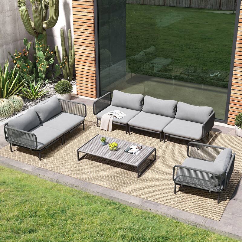 Outdoor Cushioned Sectional Sofa Chat Set Patio Furniture Conversation Set, Free Combination - 6-piece seats - Dark Gray, 6pcs seats & 12 arms