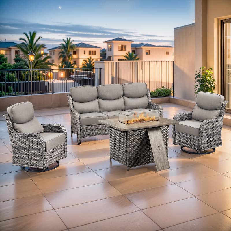 Pocassy 4PCS Outdoor 6Inch Sofa Swivel Chair w/ Fire Pit Table - Gray cushion - Gray Wicker