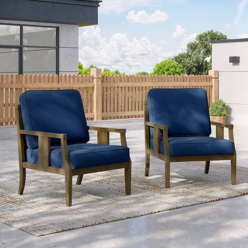 2 Set Outdoor Patio Club Chair with Cushion Patio Arm Lounge Chair - Navy/Brown Wood