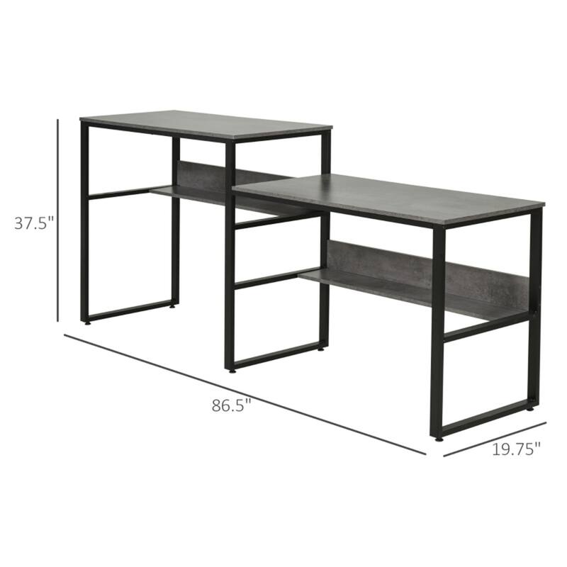 L Shaped Office Desk with Dual Level Design Standing and Sitting Workstation Gray Finish Sturdy Home Office Table