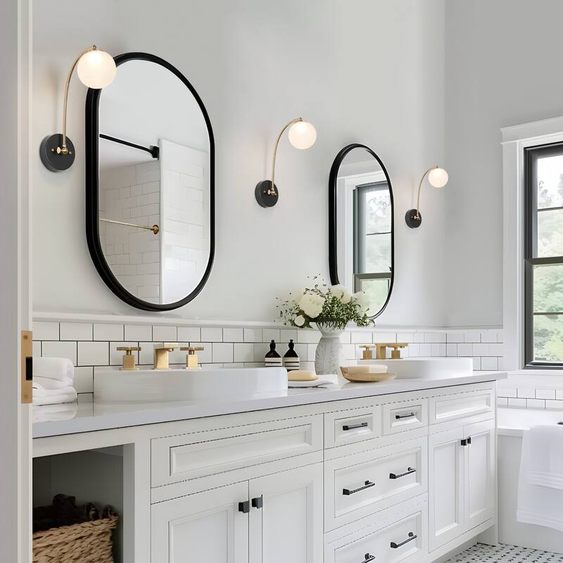 Icey 1-Light Modern Frosted Glass LED Black Gold Wall Sconce Globe Bathroom Vanity Light - 4.7" L x 12" W x 15" H