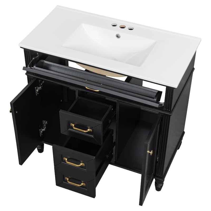 36 Inch Bathroom Vanity with Sink Combo, Black Freestanding Cabinet with Ceramic Basin, MDF + Solid Wood Frame