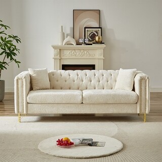82" Chenille Pull Buckle Sofa with Copper Nail Decoration Armrest