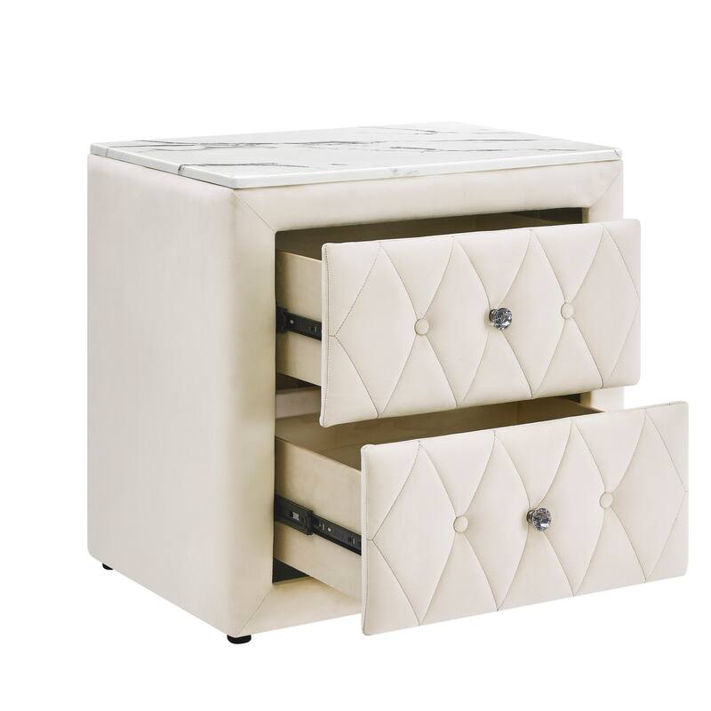 1pc Ivory Nightstand Upholstery Fabric Faux Marble Top Two Storage Drawers Wooden Bedroom Furniture