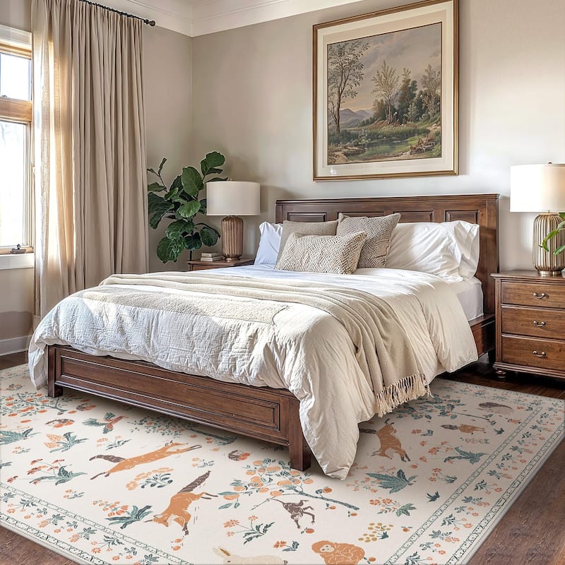 Mcow Woodland Friends Animal Print Low-Pile Machine-Washable Area Rug