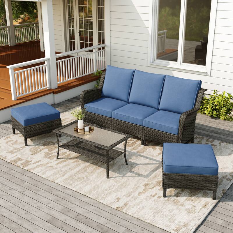 Rattan Outdoor Sectional Set with Modular Seating - 6-Piece - Dark Blue