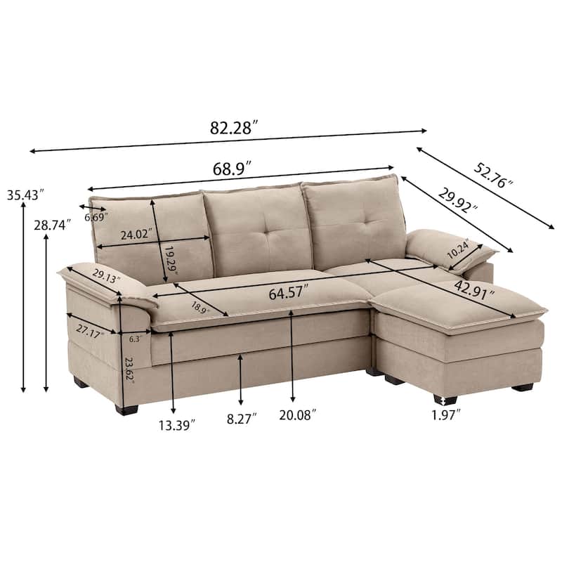 82.28 Inches L Shape Sectional Sofa with Cloud Seats for Living Room