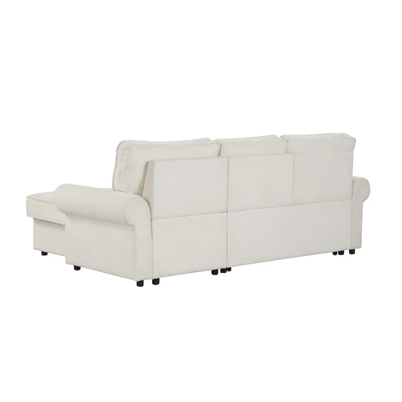 Convertible Sectional Sleeper Sofa with Storage Chaise, Pull-Down Backrest, Dual Cup Holders, Arc Armrests and Nailhead Trim