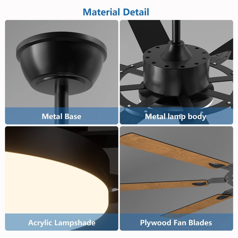 60 Inch Ceiling Fan with Lights and Remote Control, 8 Plywood Blades, 6-Speed Noiseless Reversible DC Motor, 3CCT - Black