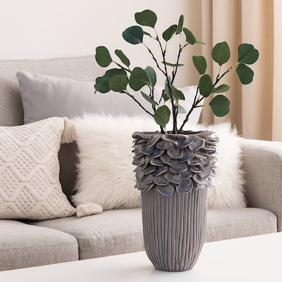Kiana Decorative Vase, Gray Ceramic Flared Scales Rim Accent, 16 Inch