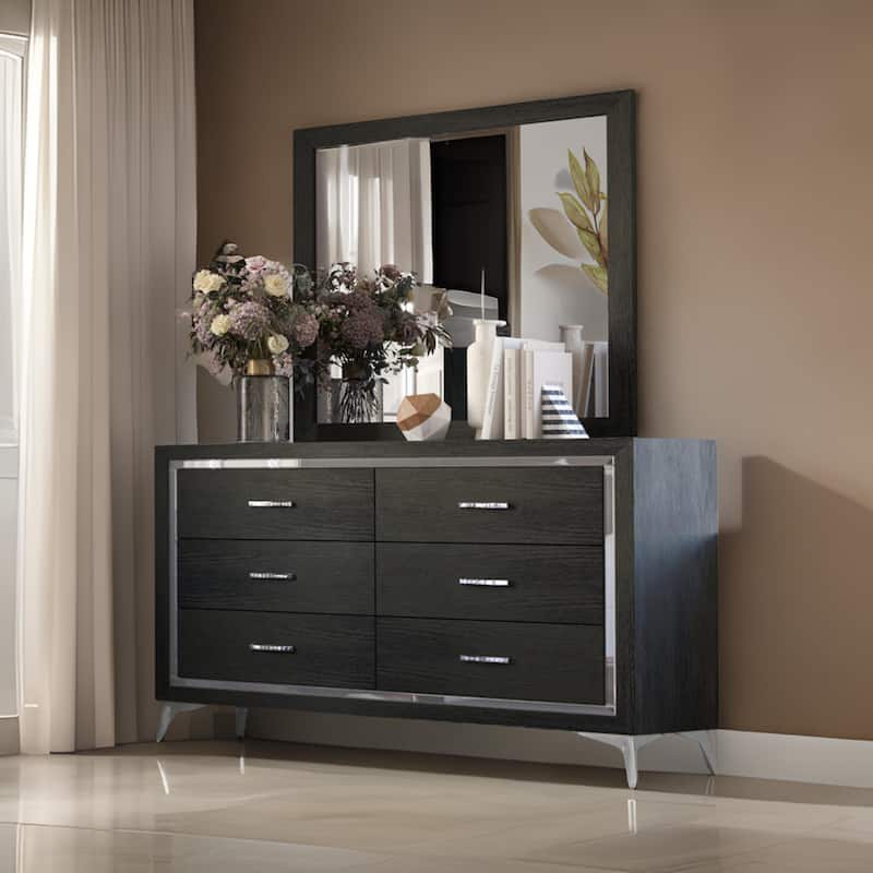 Sami 40 x 40 Dresser Mirror, Embossed Texture, Modern Style, Black Wood (Mirror Only)