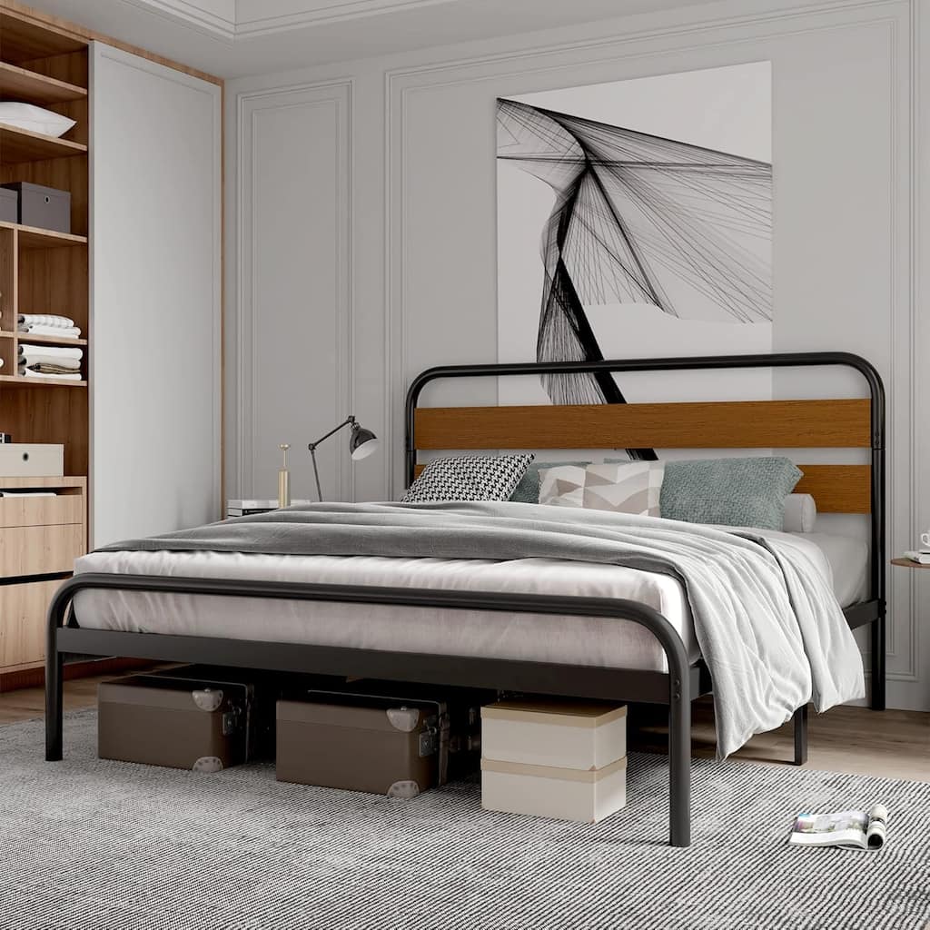 King Platform Bed Frame with Upholstered Headboard & Under-Bed Storage, Noise-Free, Easy Assembly