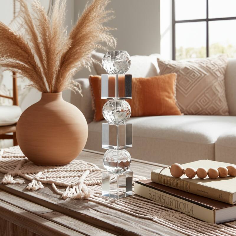Crystal Glass Pillar and Taper Candle Holder Faceted Modern Design