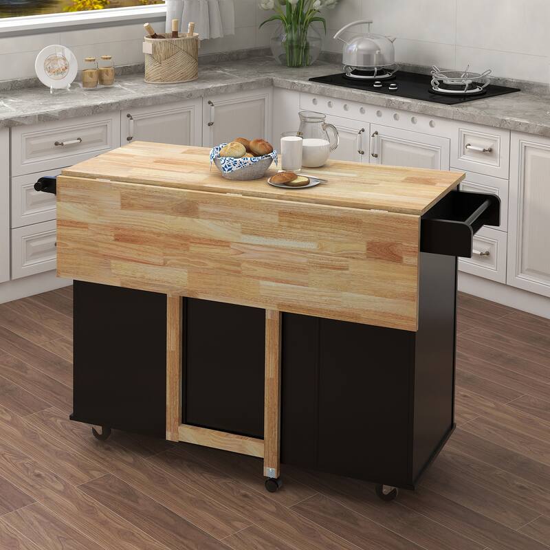 Kitchen Island with Spice Rack Towel Rack Solid Wood Table Top Storage and Wheels, for Kitchen Cooking Meal Prep