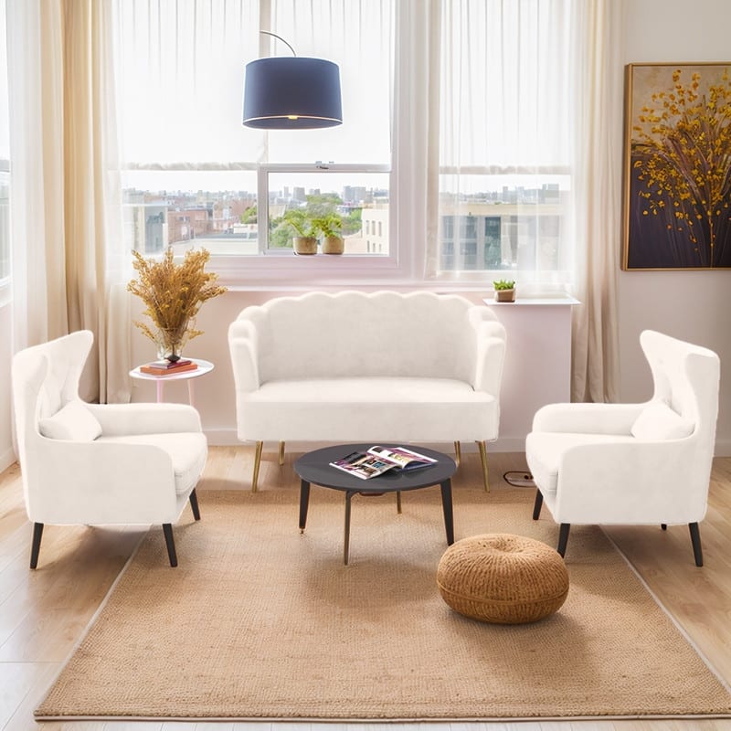 Velvet Tuft Thick Cushion Metal Legs Loveseat Two Accent Chairs