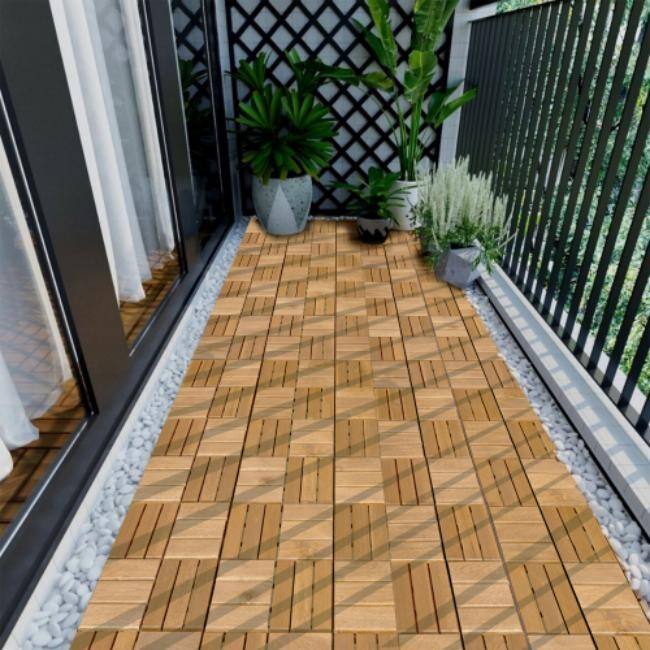 30 PCS Interlocking Deck Tiles Checker Pattern,12" x 12" Light Gray Square Acacia Hardwood Outdoor Flooring