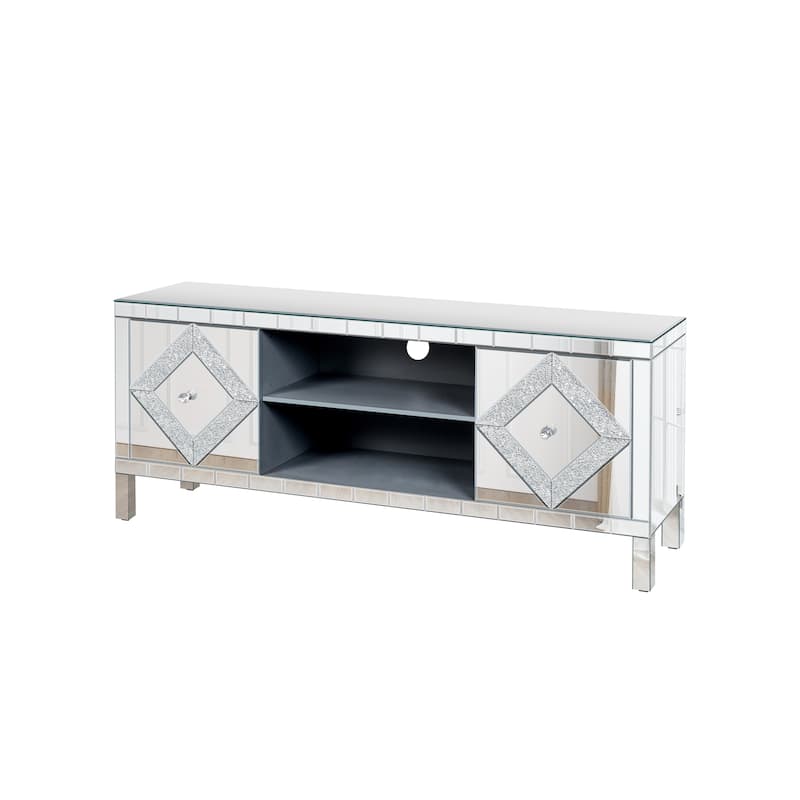 Modern Mirrored Crushed Diamond TV Stand, for 50-Inch TVs with 2 Cabinets and 2 Open Storage Spaces, for Living Room