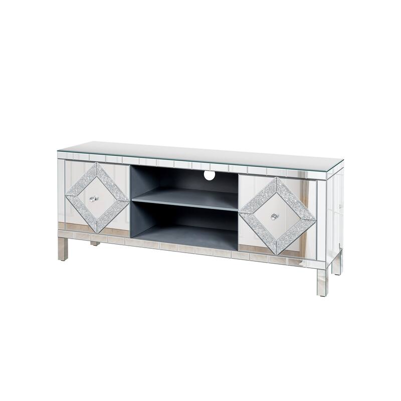 Modern Mirrored TV Stand with 2 Bookshelves and 2 Crystal Handle Cabinet Doors, for 65+ Inch TVs, for Living Rooms