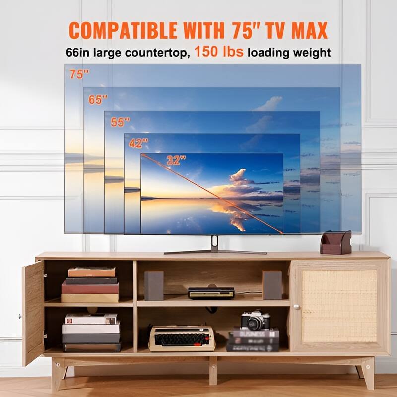 Rattan TV Stand for 75 Inch TV Mid Century Modern Cabinet with Storage - 17.4x17.4x13.8in