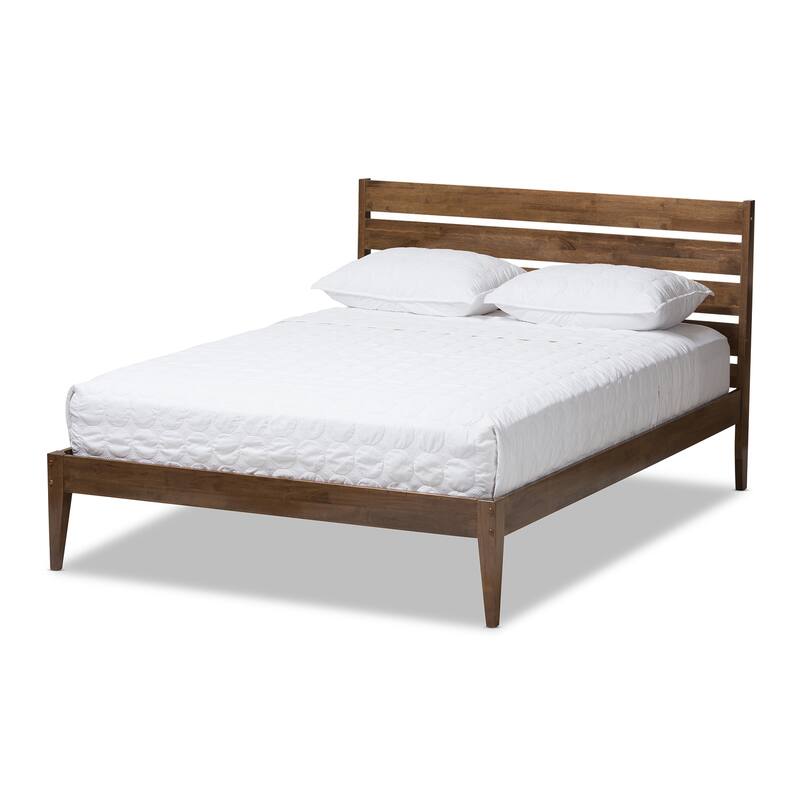 Full Size Platform Bed - Modern Wood Slatted Headboard - Contemporary Bed Frame - Solid Wood Bed
