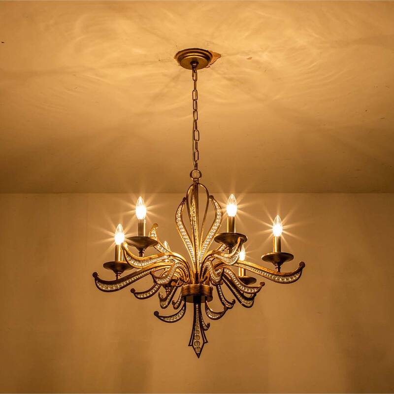 6-Light Mid-Century Modern Transitional Antique Silver Round Hand-Beaded Crystal Candle Large Chandelier