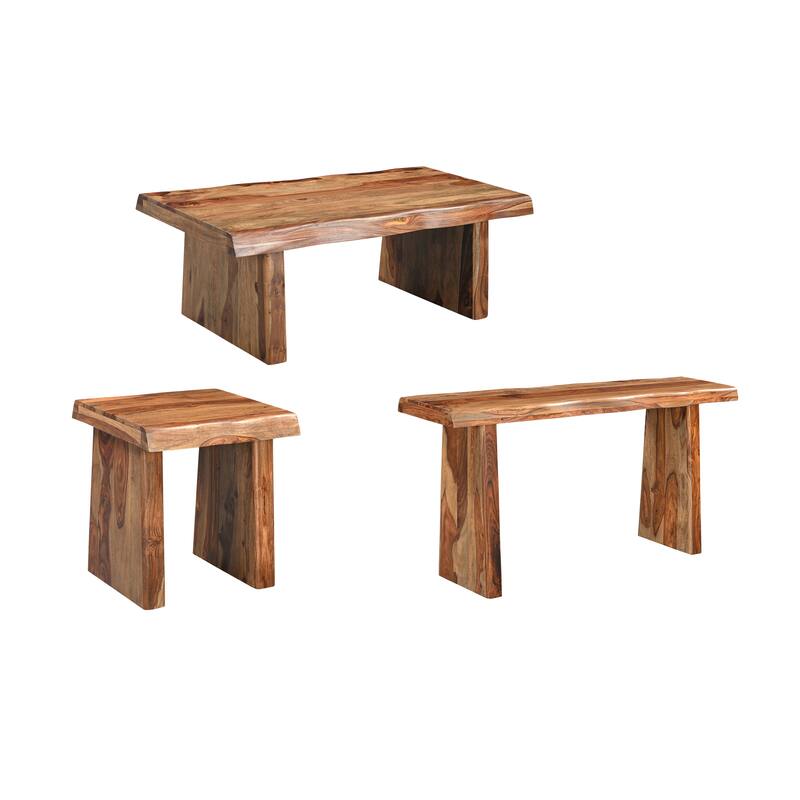 Avenue Live Edge Solid Sheesham Wood 3-Piece Living Room Table Set - Brown