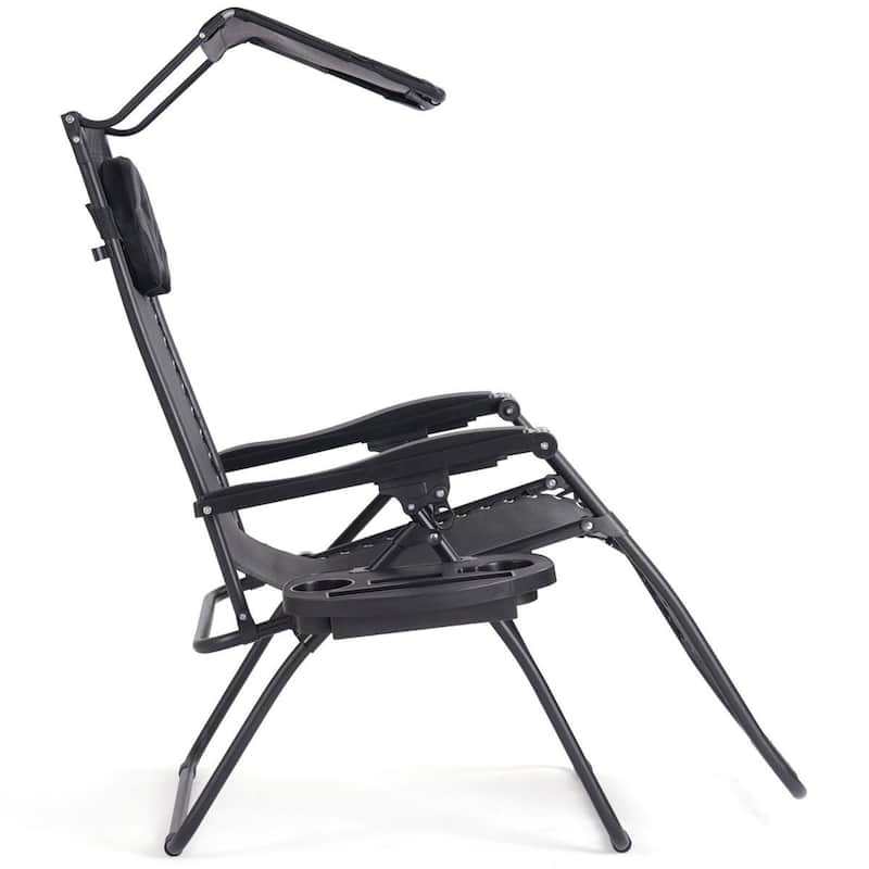 Outdoor Folding Recliner Lounge Chair with Sun Shade, Canopy, and Cup Holder- Black