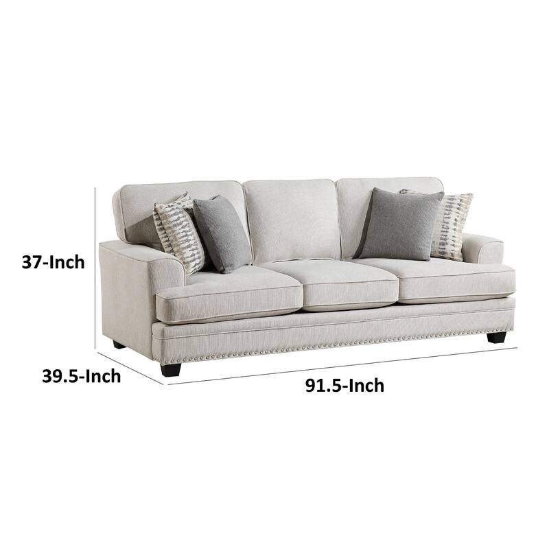 Brady Sofa with 4 Pillows, Sand Brown Chenille, Nailhead Trim, 92 Inch