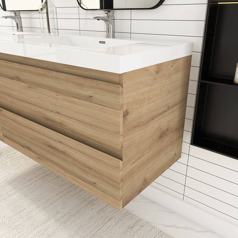 MDF Wall-Mounted Bathroom Vanity Set in Oak with Integrated Culture Marble Sink