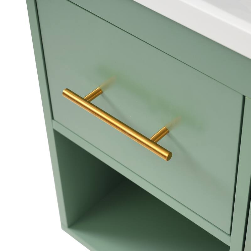 Freestanding Green Storage Cabinet for Bathroom Vanity with Resin Sink, 2 Drawers, 2 Storage Compartments and Gold Handles