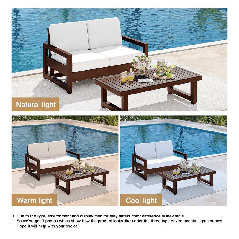 Teak Loveseat Patio Set with Cushions and Table (2-Piece)