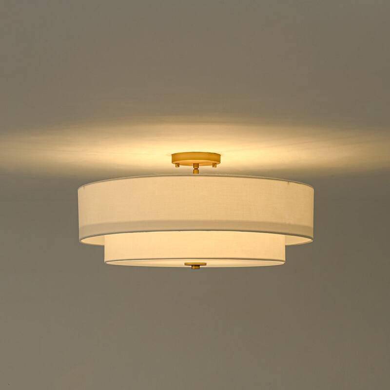 French Country Brass Round White Linen Drum Ceiling Light