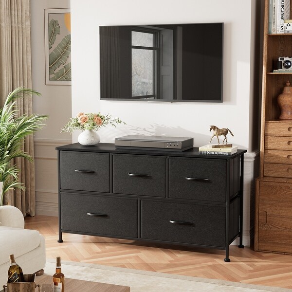 Furniwell 5 Drawer Fabric Dresser Wide Chest Of Drawers, Black