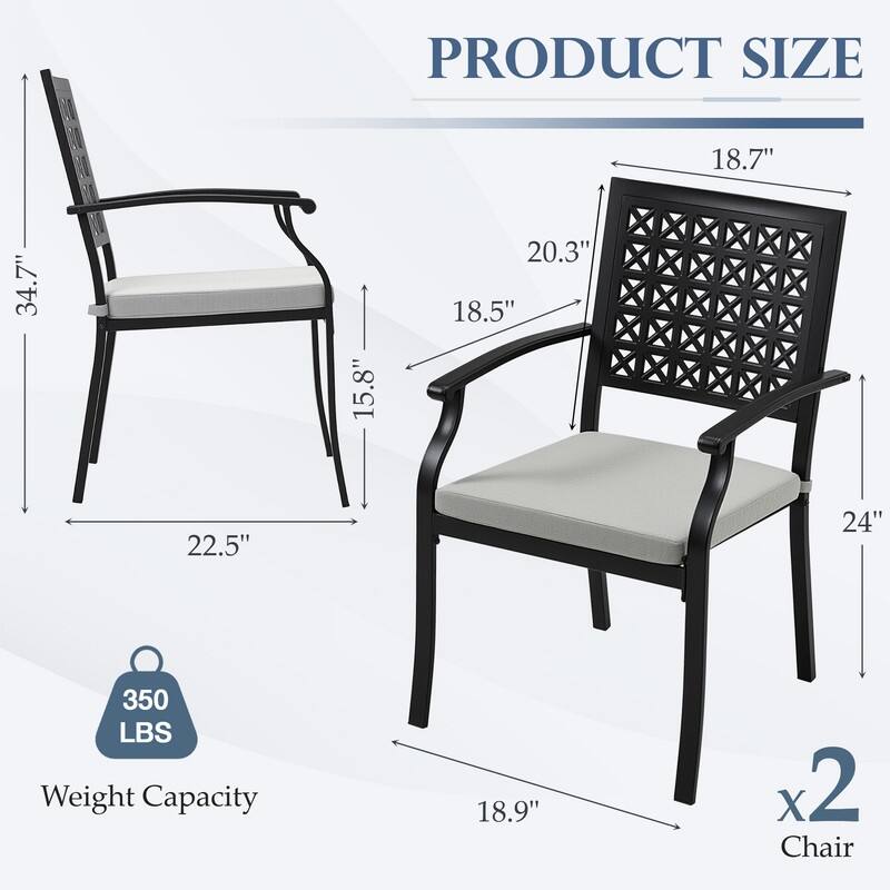 Patio Dining Chairs, Outdoor Metal Chairs with Armrests, Chair Set with Cushions, 2-Piece Set, Suitable for Patios and Gardens