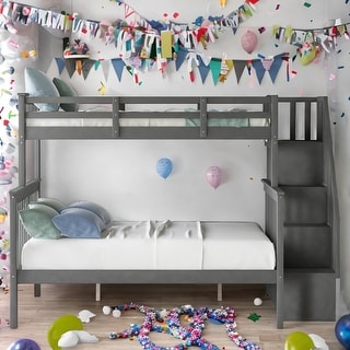 Stairway Design Twin-Over-Full Bunk Bed with Storage and Guard Rail for Bedroom
