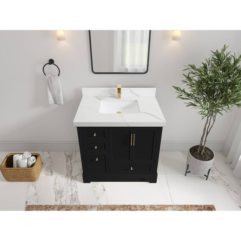Willow Collections 36 in. W x 22 in. D Alys Center Sink Right Bathroom Vanity with Countertop - 2"Calacatta Laza - Black