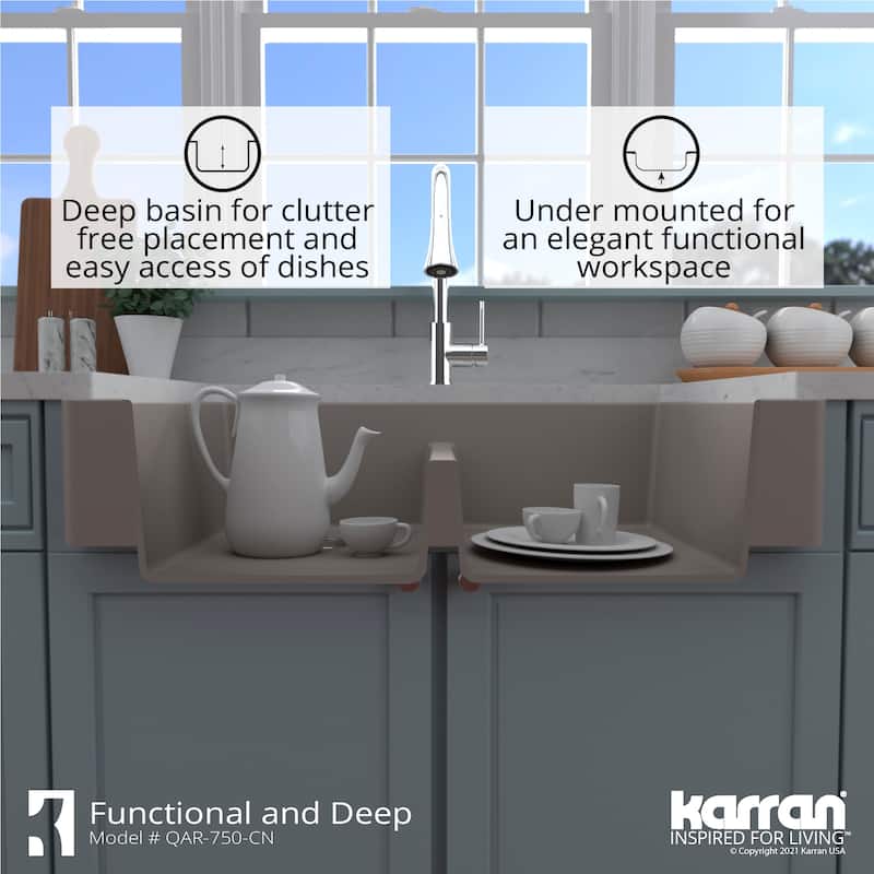 Karran Retrofit Farmhouse Quartz 34 in. Double Bowl 50/50 Sink Kit