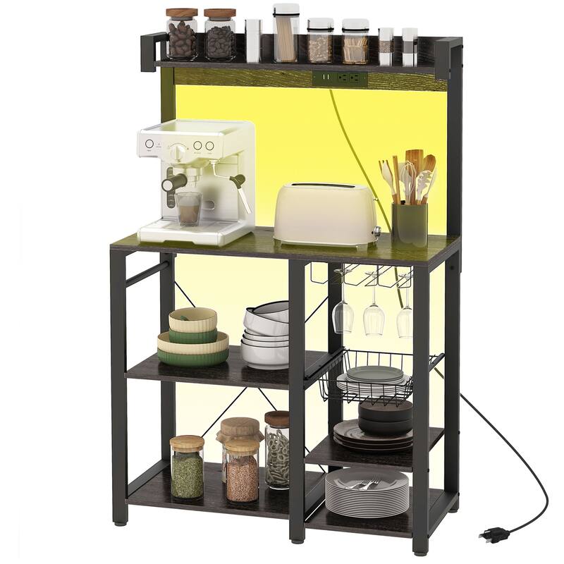 Baker's Rack with Power Outlet and LED Lights, Bakers Racks for Kitchens with Storage